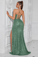 Laden Sie das Bild in den Galerie-Viewer, Glitzerndes Goldenes Pailletten Meerjungfrauen Langes Ballkleid mit Schlitz