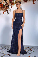 Laden Sie das Bild in den Galerie-Viewer, Glitzerndes Goldenes Pailletten Meerjungfrauen Langes Ballkleid mit Schlitz