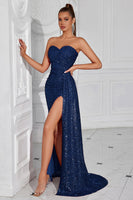 Laden Sie das Bild in den Galerie-Viewer, Glitzerndes Burgunderrotes Pailletten Herzausschnitt Meerjungfrauen Langes Ballkleid mit Schlitz