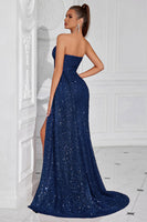 Laden Sie das Bild in den Galerie-Viewer, Glitzerndes Burgunderrotes Pailletten Herzausschnitt Meerjungfrauen Langes Ballkleid mit Schlitz