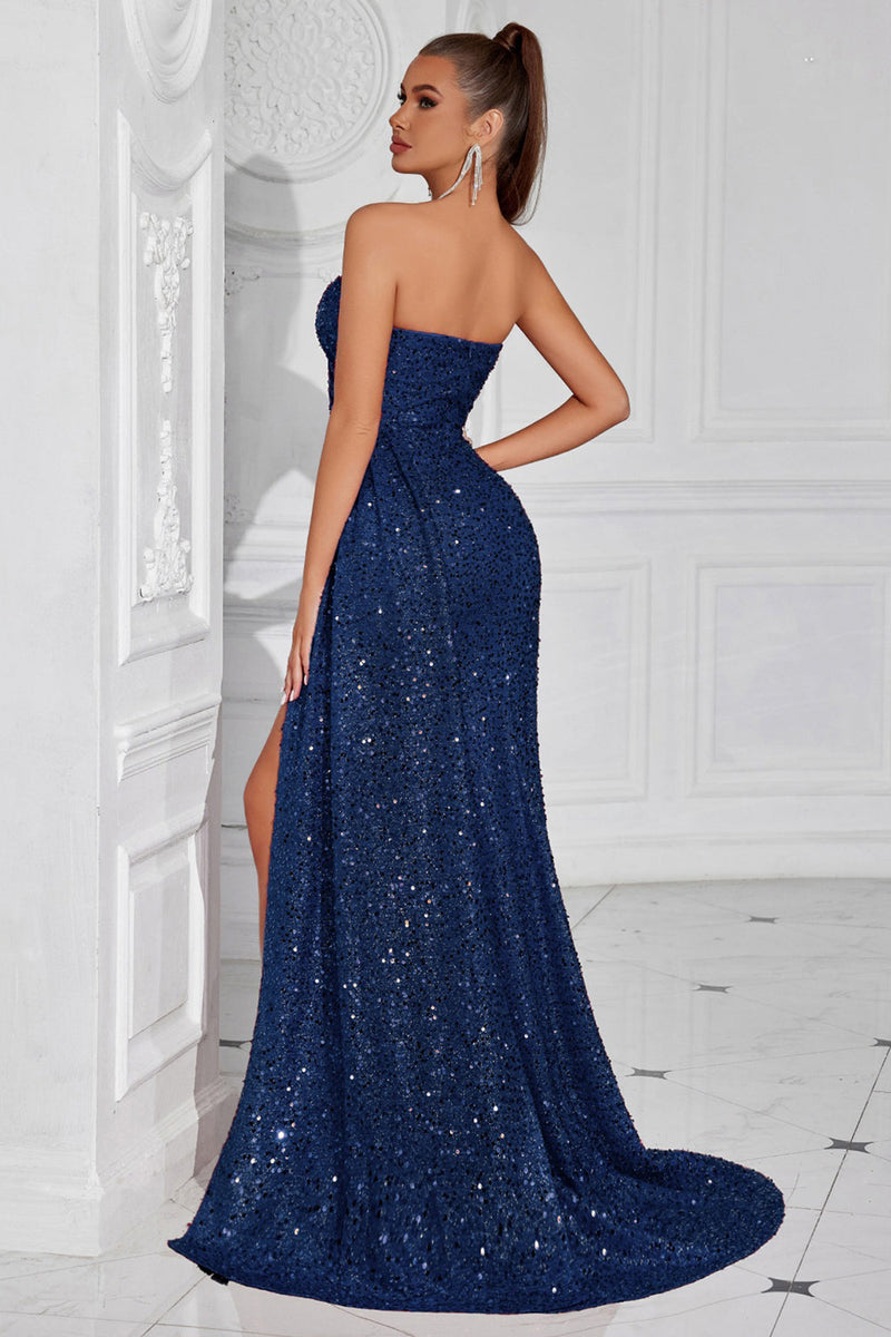 Laden Sie das Bild in den Galerie-Viewer, Glitzerndes Burgunderrotes Pailletten Herzausschnitt Meerjungfrauen Langes Ballkleid mit Schlitz