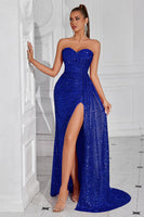 Laden Sie das Bild in den Galerie-Viewer, Glitzerndes Burgunderrotes Pailletten Herzausschnitt Meerjungfrauen Langes Ballkleid mit Schlitz