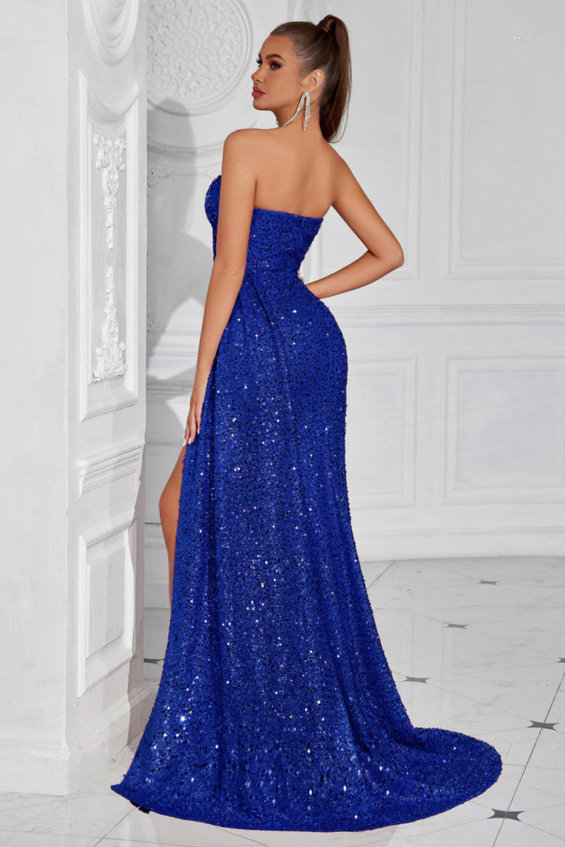 Laden Sie das Bild in den Galerie-Viewer, Glitzerndes Burgunderrotes Pailletten Herzausschnitt Meerjungfrauen Langes Ballkleid mit Schlitz