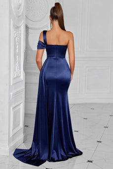 Marineblaues Satin Meerjungfrauen Einschulter Langes Ballkleid mit Schlitz