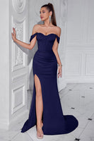 Laden Sie das Bild in den Galerie-Viewer, Blush Schulterfreies Satin Etui Langes Korsett Ballkleid mit Schlitz