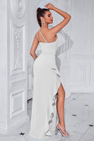 Laden Sie das Bild in den Galerie-Viewer, Schwarzes Eine Schulter Satin Meerjungfrauen Langes Ballkleid mit Rüschen