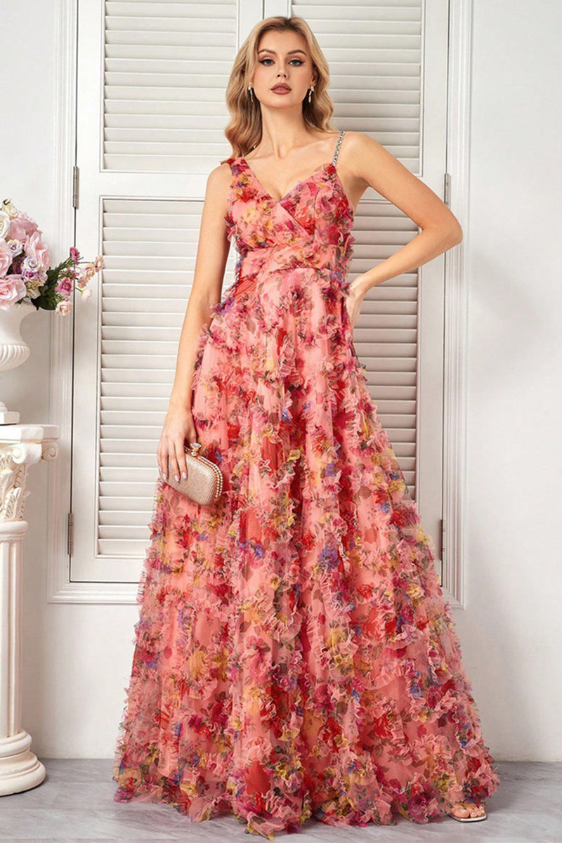 Laden Sie das Bild in den Galerie-Viewer, Blush Blumen A Line Spaghettiträger Ballkleid