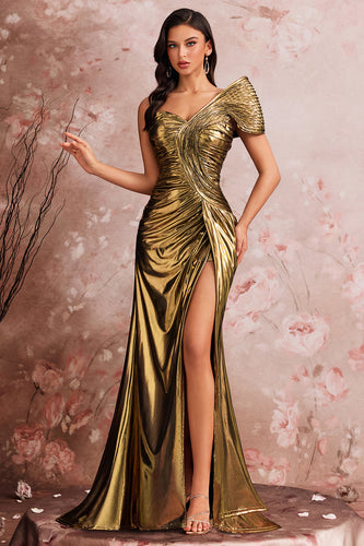 Eine Schulter Golden Mermaid Plissee Ballkleid