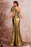 Laden Sie das Bild in den Galerie-Viewer, Eine Schulter Golden Mermaid Plissee Ballkleid