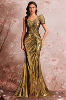 Laden Sie das Bild in den Galerie-Viewer, Eine Schulter Golden Mermaid Plissee Ballkleid