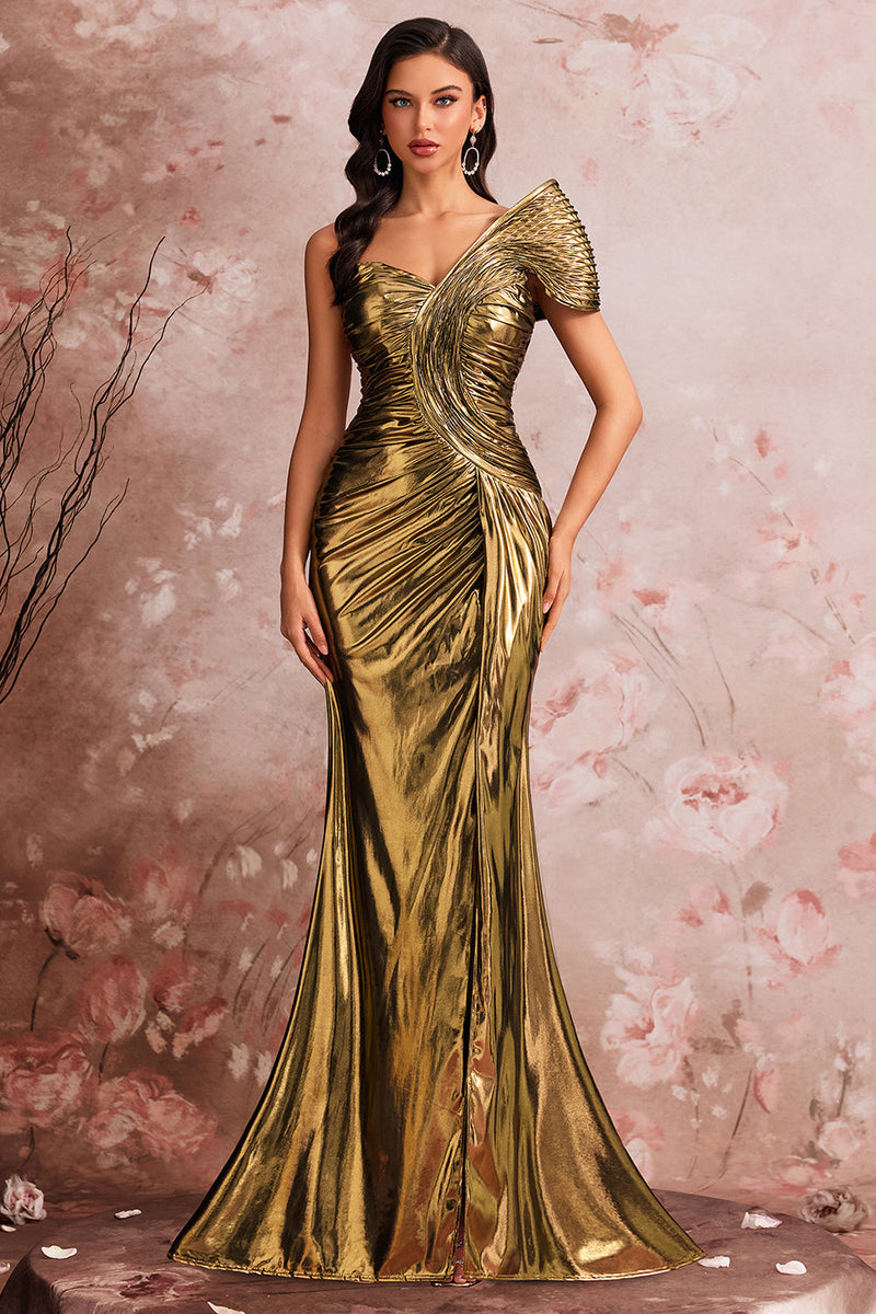 Laden Sie das Bild in den Galerie-Viewer, Eine Schulter Golden Mermaid Plissee Ballkleid