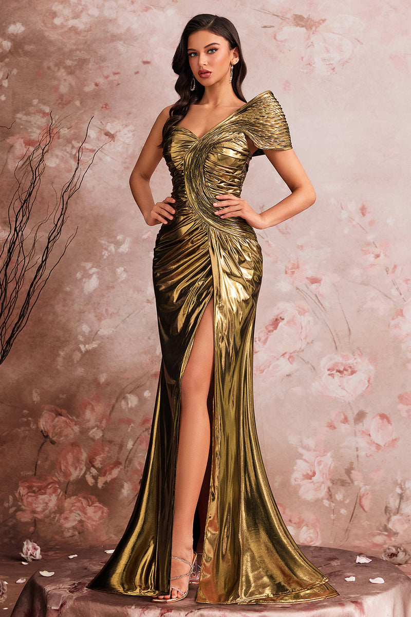Laden Sie das Bild in den Galerie-Viewer, Eine Schulter Golden Mermaid Plissee Ballkleid