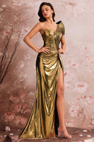 Laden Sie das Bild in den Galerie-Viewer, Eine Schulter Golden Mermaid Plissee Ballkleid
