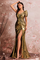 Laden Sie das Bild in den Galerie-Viewer, Eine Schulter Golden Mermaid Plissee Ballkleid