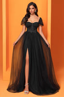 Laden Sie das Bild in den Galerie-Viewer, Schwarzes A-Linie Ballkleid mit quadratischem Ausschnitt und Schlitz