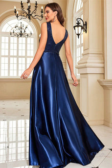 Marineblaues A-Linie Ballkleid mit V-Ausschnitt und Taschen