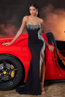 Laden Sie das Bild in den Galerie-Viewer, Trägerloses Schwarzes Meerjungfrauen Ballkleid mit Quaste