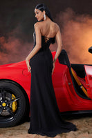 Laden Sie das Bild in den Galerie-Viewer, Trägerloses Schwarzes Meerjungfrauen Ballkleid mit Quaste