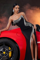 Laden Sie das Bild in den Galerie-Viewer, Trägerloses Schwarzes Meerjungfrauen Ballkleid mit Quaste