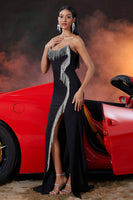 Laden Sie das Bild in den Galerie-Viewer, Trägerloses Schwarzes Meerjungfrauen Ballkleid mit Quaste