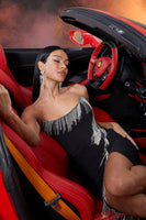 Laden Sie das Bild in den Galerie-Viewer, Trägerloses Schwarzes Meerjungfrauen Ballkleid mit Quaste