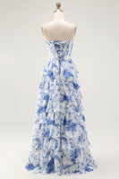 Laden Sie das Bild in den Galerie-Viewer, Blau Weiß Blumen Langes A-Linie Gestuftes Korsett Ballkleid mit Schlitz