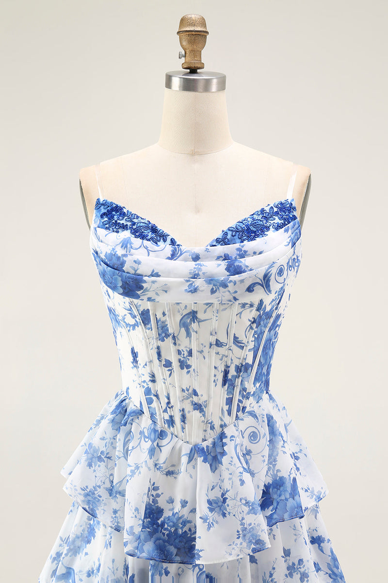 Laden Sie das Bild in den Galerie-Viewer, Blau Weiß Blumen Langes A-Linie Gestuftes Korsett Ballkleid mit Schlitz