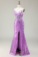 Laden Sie das Bild in den Galerie-Viewer, Glitzerndes Meerjungfrau Lila Korsett Appliziertes Ballkleid mit Schlitz
