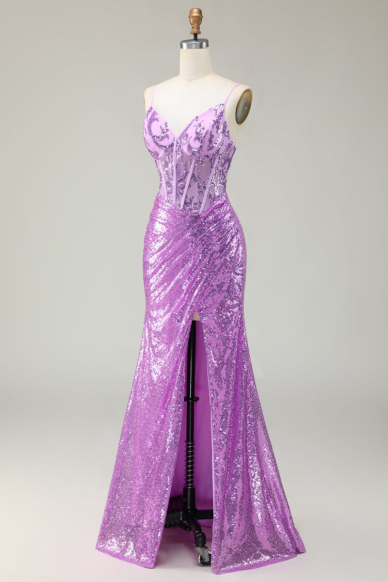 Laden Sie das Bild in den Galerie-Viewer, Glitzerndes Meerjungfrau Lila Korsett Appliziertes Ballkleid mit Schlitz