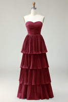 Laden Sie das Bild in den Galerie-Viewer, Trägerloses Staubblaues A-Linie Plissee Langes Gestuftes Brautjungfernkleid