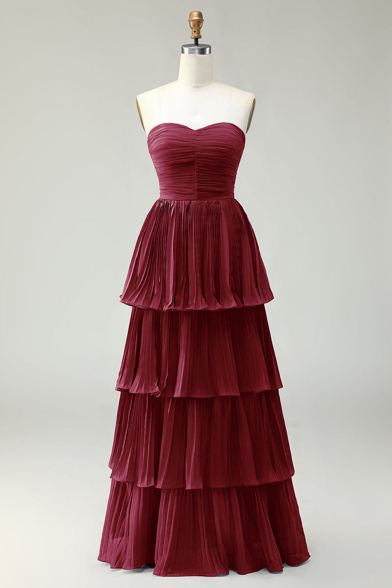 Laden Sie das Bild in den Galerie-Viewer, Trägerloses Staubblaues A-Linie Plissee Langes Gestuftes Brautjungfernkleid