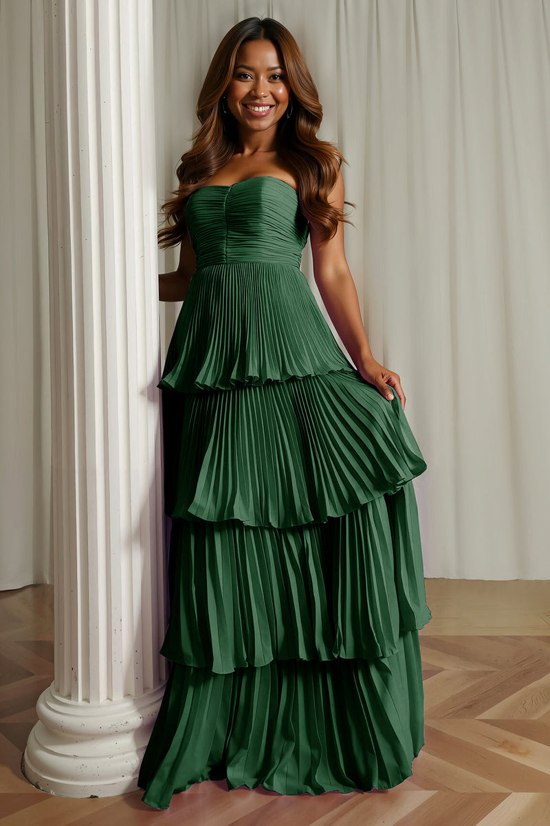 Laden Sie das Bild in den Galerie-Viewer, A-Linie Trägerloses Rosa Plissiertes Gestuftes Brautjungfernkleid