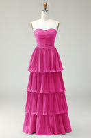 Laden Sie das Bild in den Galerie-Viewer, Trägerloses Staubblaues A-Linie Plissee Langes Gestuftes Brautjungfernkleid