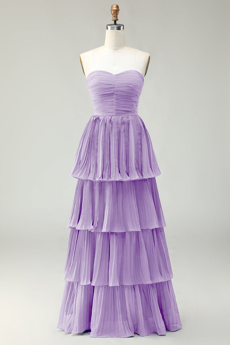 Laden Sie das Bild in den Galerie-Viewer, Blush Rosa Trägerloses Plissiertes Gestuftes Langes Brautjungfernkleid in A-Linie