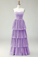 Laden Sie das Bild in den Galerie-Viewer, Trägerloses Staubblaues A-Linie Plissee Langes Gestuftes Brautjungfernkleid