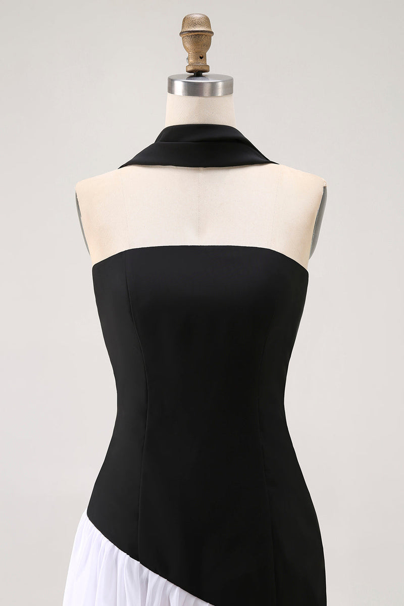 Laden Sie das Bild in den Galerie-Viewer, Schwarz-Weißes Trägerloses Ballkleid in A-Linie mit Neckholder-Schal