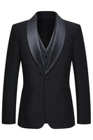 Laden Sie das Bild in den Galerie-Viewer, 3-teilige Schal Revers mit einem Knopf schwarze Herrenanzüge