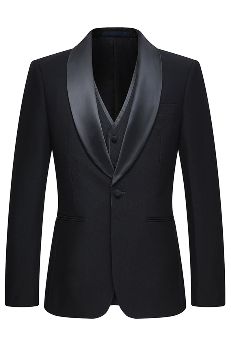 Laden Sie das Bild in den Galerie-Viewer, 3-teilige Schal Revers mit einem Knopf schwarze Herrenanzüge