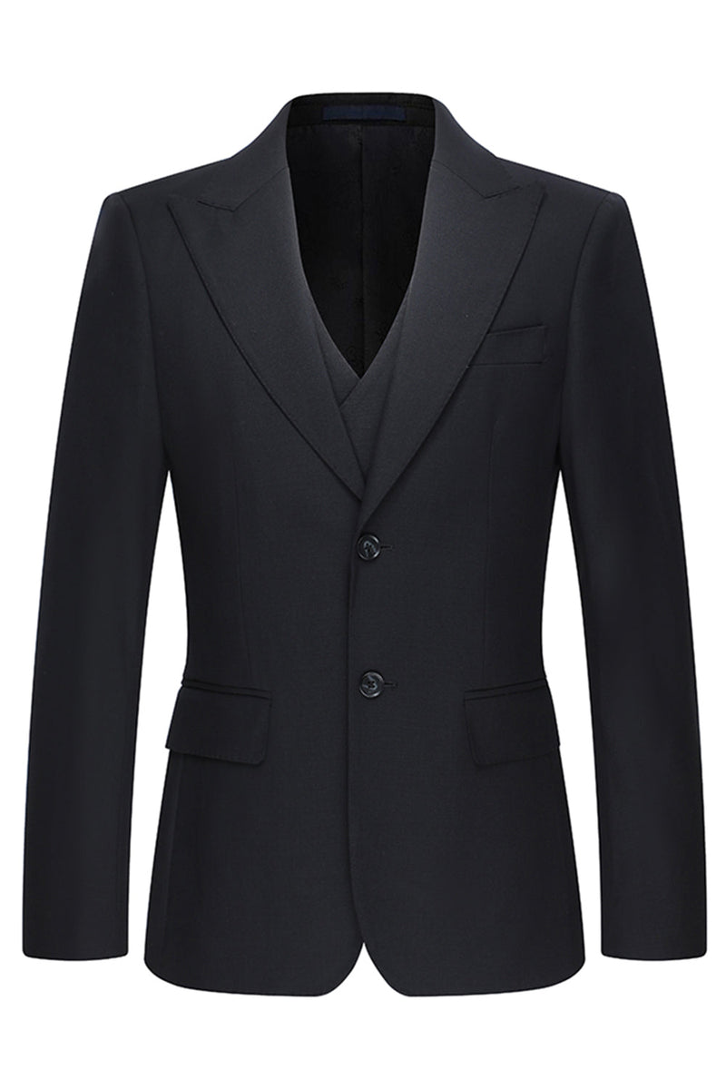 Laden Sie das Bild in den Galerie-Viewer, Schwarze Einreihige 3-teilige Herrenanzüge mit Spitzrevers