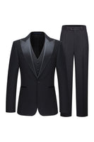 Laden Sie das Bild in den Galerie-Viewer, Schwarze 3-teilige Peak Revers Slim Fit Herren Hochzeitsanzüge