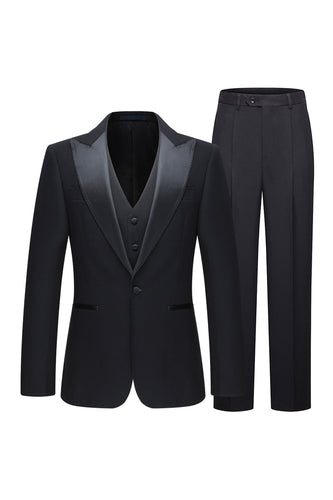 Schwarze 3-teilige Peak Revers Slim Fit Herren Hochzeitsanzüge