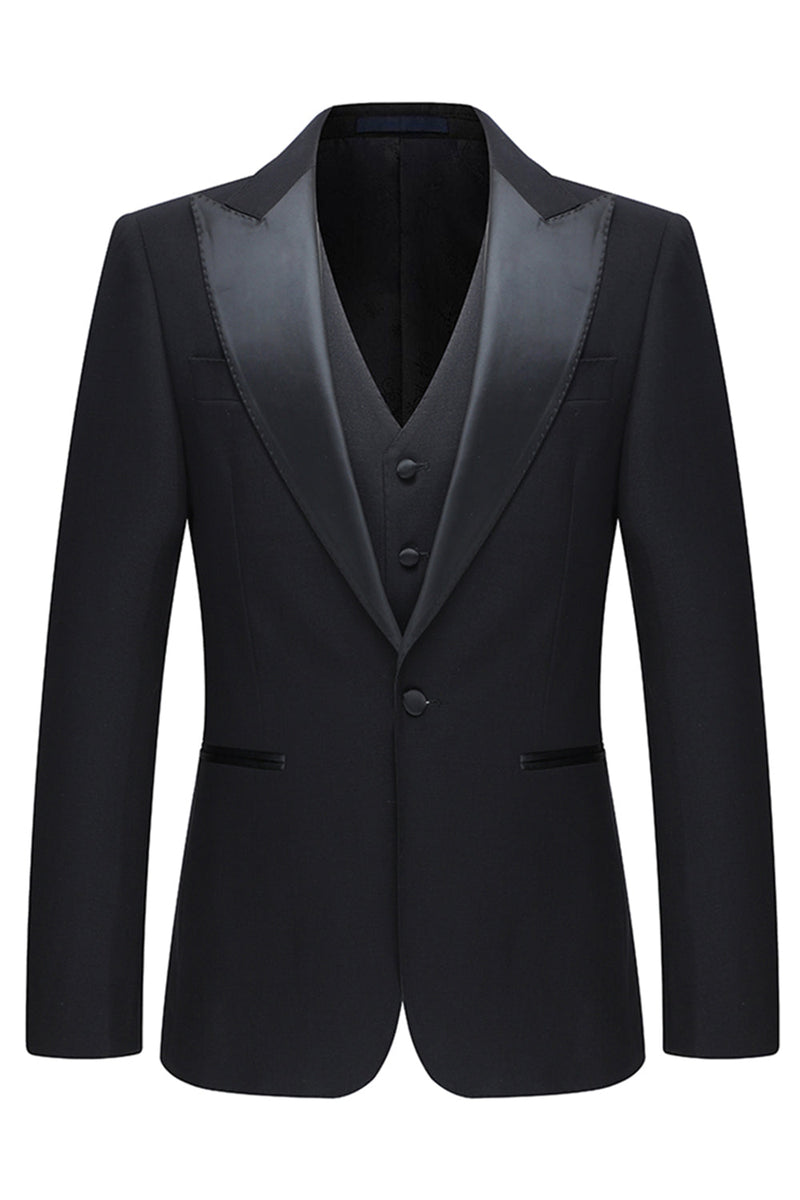 Laden Sie das Bild in den Galerie-Viewer, Schwarze 3-teilige Peak Revers Slim Fit Herren Hochzeitsanzüge