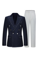 Laden Sie das Bild in den Galerie-Viewer, Dunkelblauer Zweireihiger 2-teiliger Herrenanzug mit Spitzrevers
