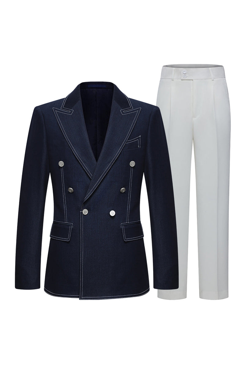 Laden Sie das Bild in den Galerie-Viewer, Dunkelblauer Zweireihiger 2-teiliger Herrenanzug mit Spitzrevers