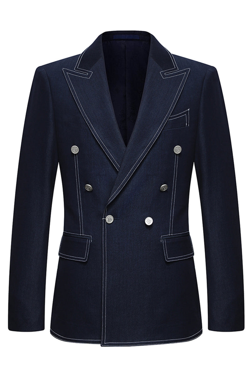 Laden Sie das Bild in den Galerie-Viewer, Dunkelblauer Zweireihiger 2-teiliger Herrenanzug mit Spitzrevers