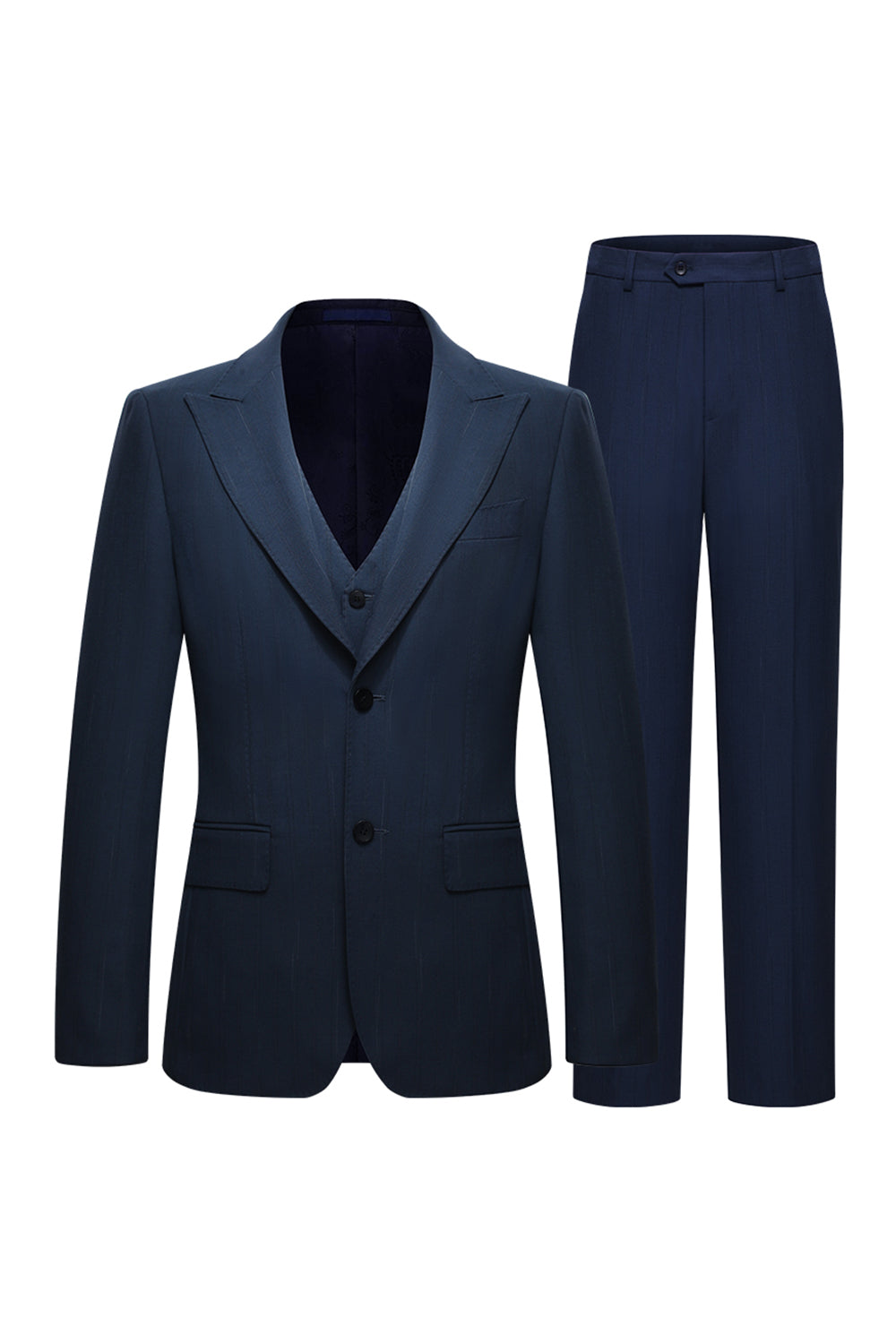 3-teilige Einreihige Slim Fit Peak Revers Herren Marineblaue Anzüge