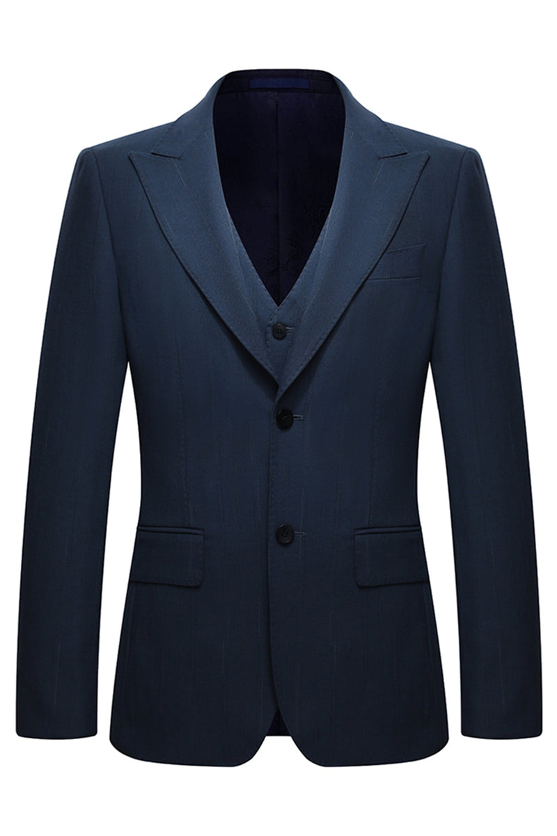 Laden Sie das Bild in den Galerie-Viewer, 3-teilige Einreihige Slim Fit Peak Revers Herren Marineblaue Anzüge