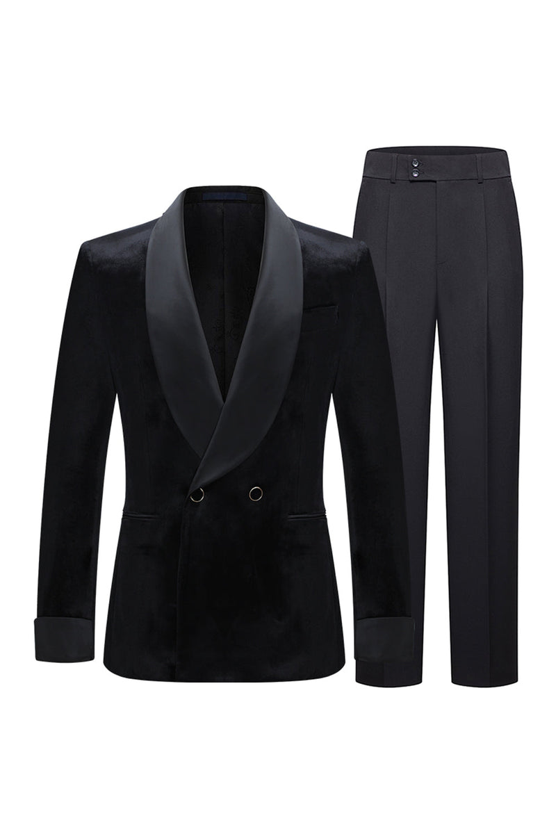 Laden Sie das Bild in den Galerie-Viewer, Schwarze Schal Revers 2 Stück Herrenanzüge aus Samt