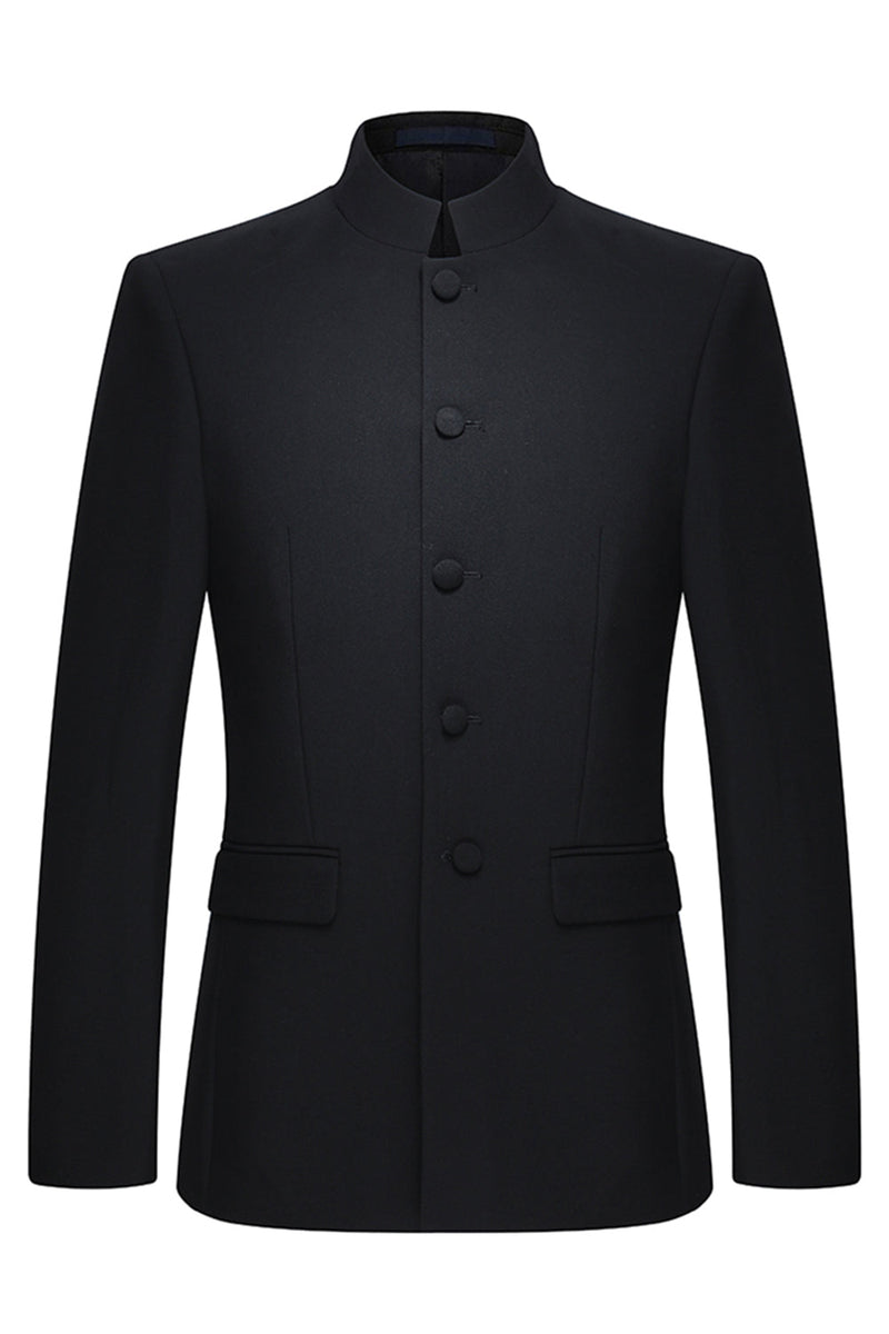 Laden Sie das Bild in den Galerie-Viewer, 2-teiliger Einreihiger Schwarzer Slim-Fit Herrenanzug mit Stehkragen