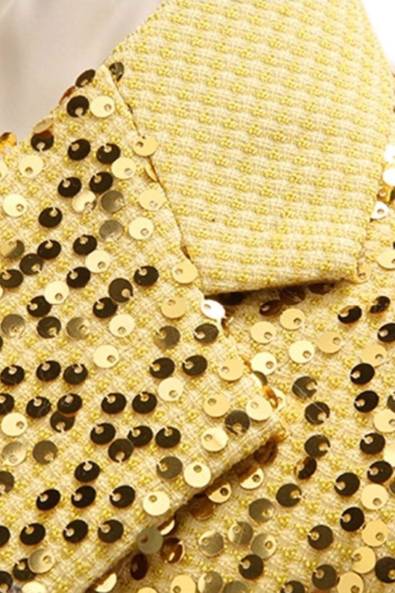 Laden Sie das Bild in den Galerie-Viewer, Glitzernde Goldene Pailletten mit gekerbtem Revers 2-teilige Ballanzüge
